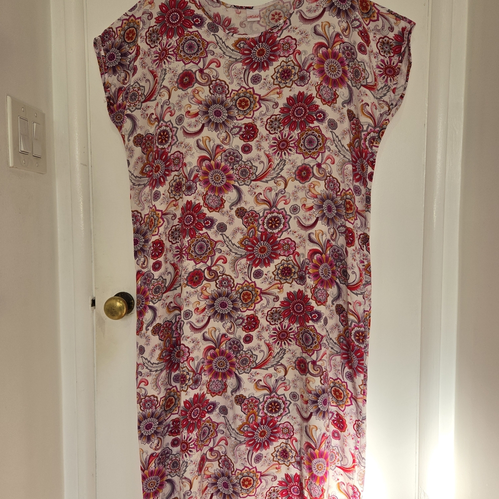Boho Floral Cap Sleeve Mumu  Full Length Pink Multi Color Shift Dress